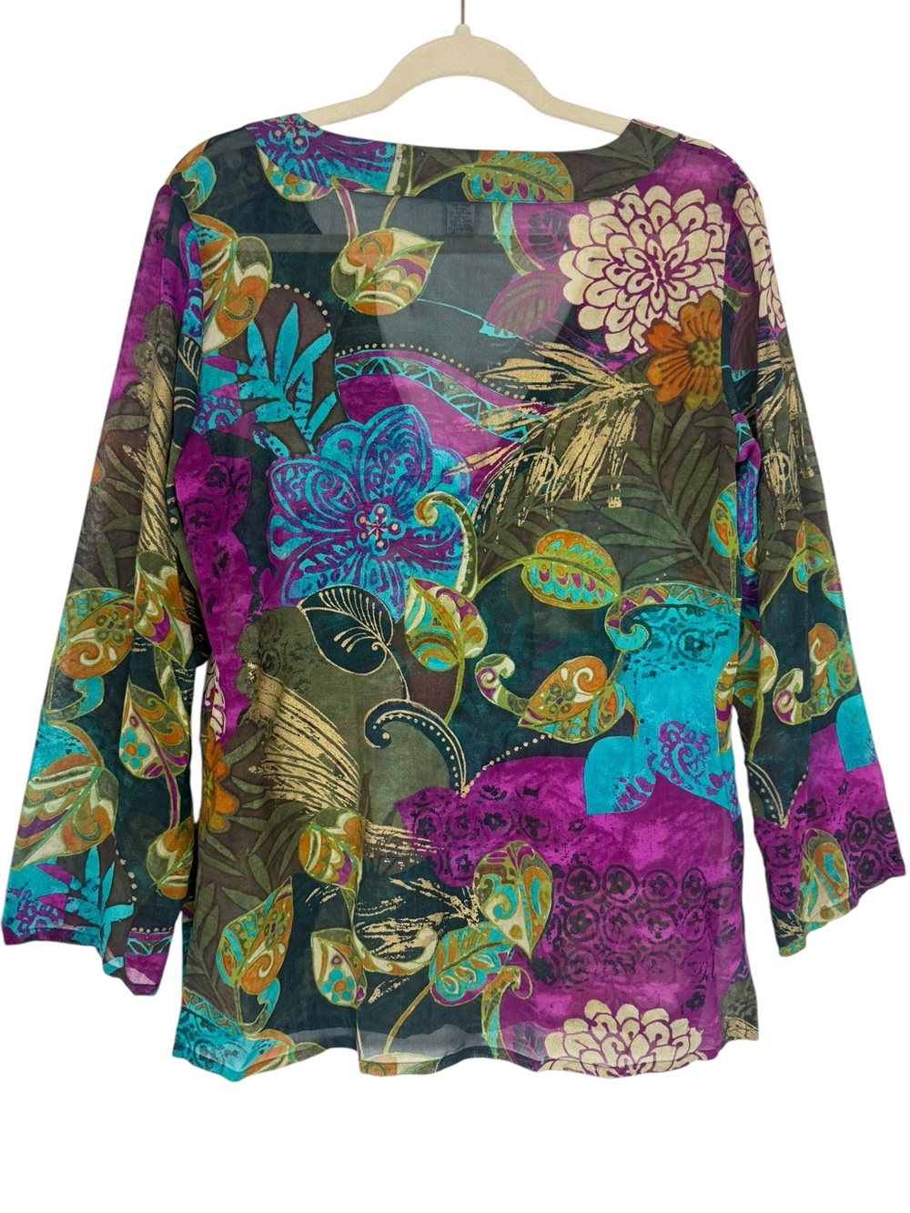 Chico’s 100% Silk Abstract Floral Tunic Top Semi Sheer Jewel Tone US 4 - Picture 6 of 15